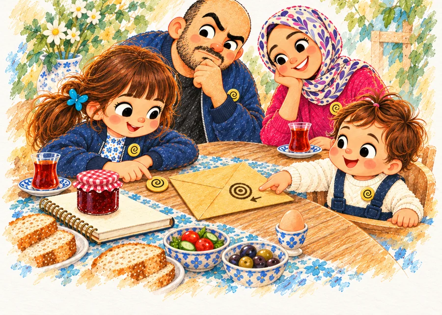 Aile kahvaltı masasında sarı zarfın üstüne eğilmiş, birlikte düşünüyor.