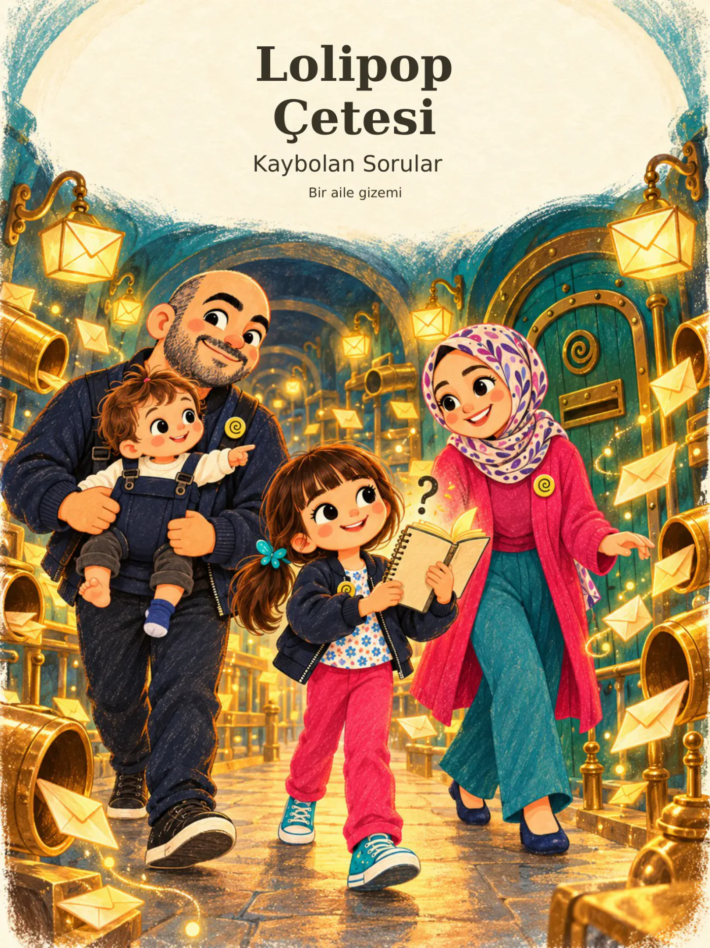Kitap kapağında Zehra, Taha, Neslihan ve Koray, ışıklı fantastik posta sokağında.